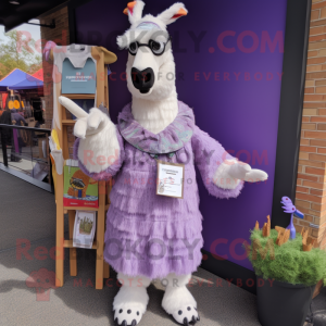 Lavender Llama mascot costume character dressed with a Dress Shirt and Shoe clips