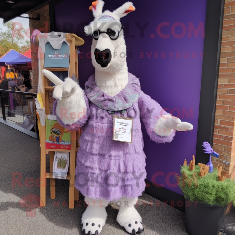 Lavender Llama mascot costume character dressed with a Dress Shirt and Shoe clips Lavender Llama mascot costume character dressed with a Dress Shirt and Shoe clips
