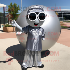 Silver Baseball Ball mascot costume character dressed with a Maxi Dress and Sunglasses