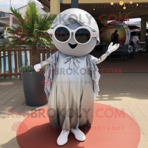 Silver Baseball Ball mascot costume character dressed with a Maxi Dress and Sunglasses