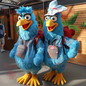 Turquoise Roosters mascot costume character dressed with a Denim Shirt and Backpacks