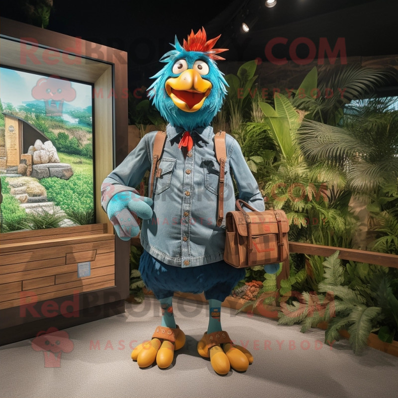 Turquoise Roosters mascot costume character dressed with a Denim Shirt and Backpacks