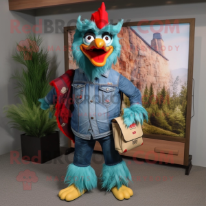 Turquoise Roosters mascot costume character dressed with a Denim Shirt and Backpacks