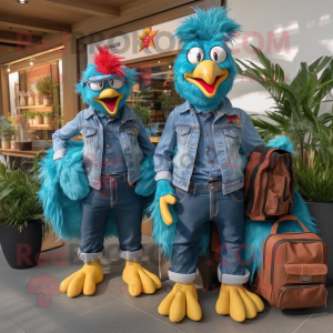 Turquoise Roosters mascot costume character dressed with a Denim Shirt and Backpacks