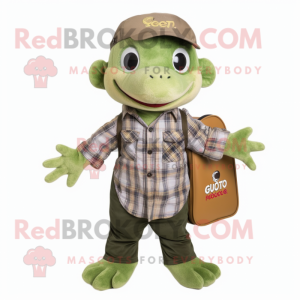Olive Geckos mascot costume character dressed with a Flannel Shirt and Wallets