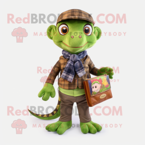 Olive Geckos mascot costume character dressed with a Flannel Shirt and Wallets