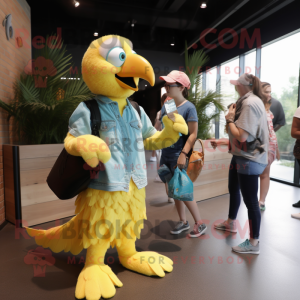 Lemon Yellow Macaw mascot costume character dressed with a Mom Jeans and Backpacks