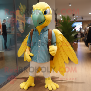 Lemon Yellow Macaw mascot costume character dressed with a Mom Jeans and Backpacks