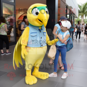 Lemon Yellow Macaw mascot costume character dressed with a Mom Jeans and Backpacks