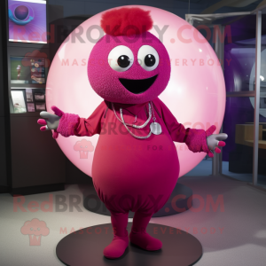 Magenta Cyclops mascot costume character dressed with a Pencil Skirt and Necklaces