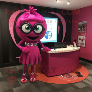 Magenta Cyclops mascot costume character dressed with a Pencil Skirt and Necklaces