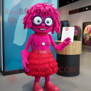 Magenta Cyclops mascot costume character dressed with a Pencil Skirt and Necklaces