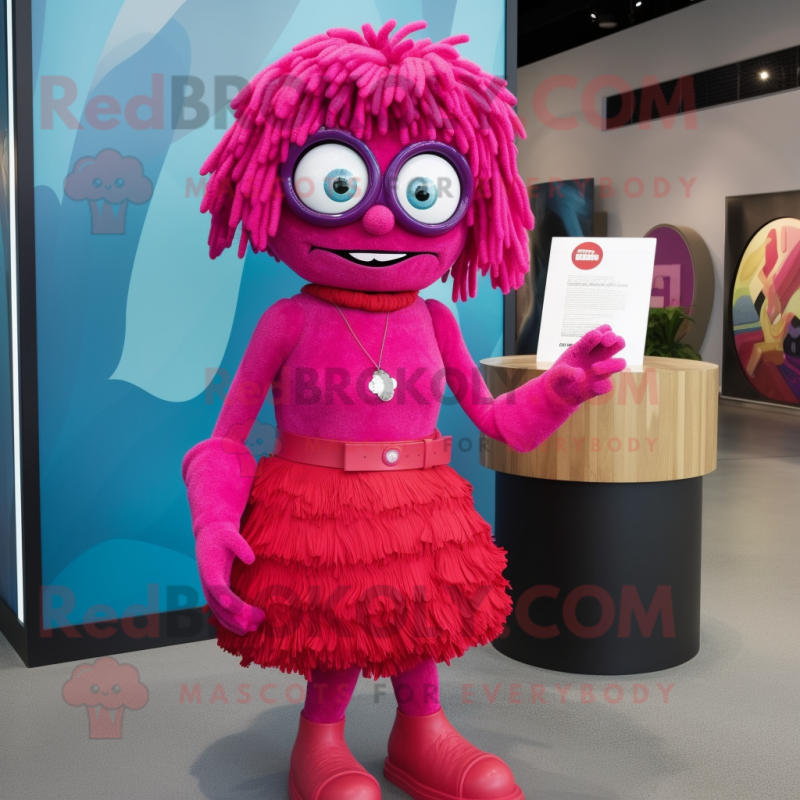 Magenta Cyclops mascot costume character dressed with a Pencil Skirt and Necklaces Magenta Cyclops mascot costume character dressed with a Pencil Skirt and Necklaces