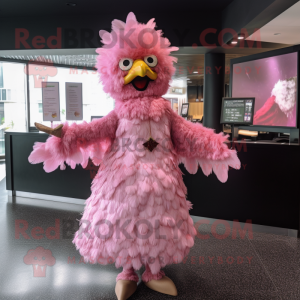 Pink Fried Chicken mascot costume character dressed with a Empire Waist Dress and Hairpins