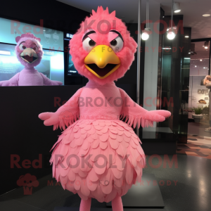 Pink Fried Chicken mascot costume character dressed with a Empire Waist Dress and Hairpins