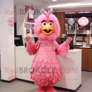 Pink Fried Chicken mascot costume character dressed with a Empire Waist Dress and Hairpins