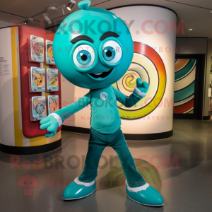 Teal Plate Spinner mascot costume character dressed with a Capri Pants and Lapel pins