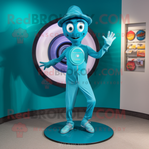 Teal Plate Spinner mascot costume character dressed with a Capri Pants and Lapel pins