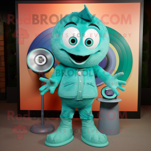 Teal Plate Spinner mascot costume character dressed with a Capri Pants and Lapel pins