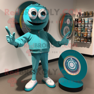 Teal Plate Spinner mascot costume character dressed with a Capri Pants and Lapel pins