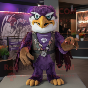 Purple Hawk mascot costume character dressed with a Vest and Bracelets