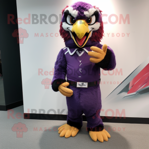 Purple Hawk mascot costume character dressed with a Vest and Bracelets