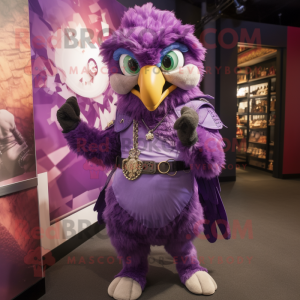 Purple Hawk mascot costume character dressed with a Vest and Bracelets