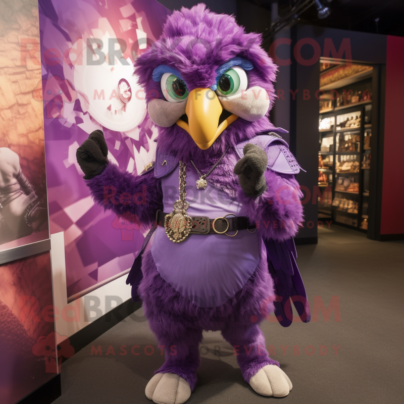 Purple Hawk mascot costume character dressed with a Vest and Bracelets Purple Hawk mascot costume character dressed with a Vest and Bracelets