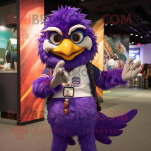 Purple Hawk mascot costume character dressed with a Vest and Bracelets