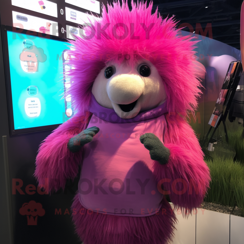 Magenta Porcupine mascot costume character dressed with a Tank Top and Scarf clips