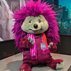 Magenta Porcupine mascot costume character dressed with a Tank Top and Scarf clips