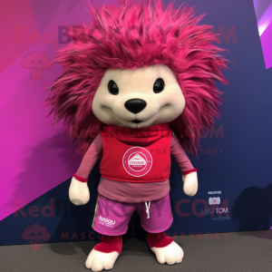Magenta Porcupine mascot costume character dressed with a Tank Top and Scarf clips