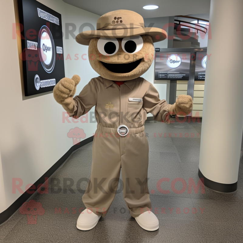 Tan Engagement Ring mascot costume character dressed with a Jumpsuit and Hat pins Tan Engagement Ring mascot costume character dressed with a Jumpsuit and Hat pins