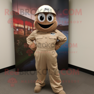 Tan Engagement Ring mascot costume character dressed with a Jumpsuit and Hat pins