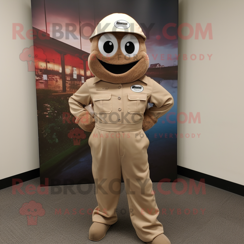 Tan Engagement Ring mascot costume character dressed with a Jumpsuit and Hat pins Tan Engagement Ring mascot costume character dressed with a Jumpsuit and Hat pins
