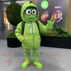 Lime Green Apple mascot costume character dressed with a Parka and Smartwatches