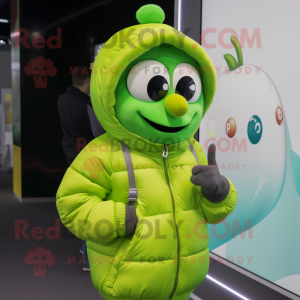 Lime Green Apple mascot costume character dressed with a Parka and Smartwatches