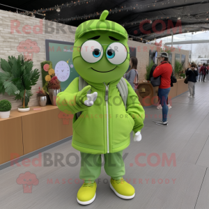 Lime Green Apple mascot costume character dressed with a Parka and Smartwatches