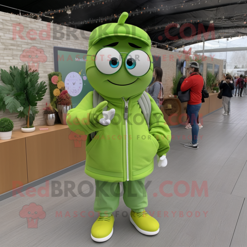 Lime Green Apple mascot costume character dressed with a Parka and Smartwatches Lime Green Apple mascot costume character dressed with a Parka and Smartwatches