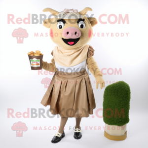 Tan Steak mascot costume character dressed with a Skirt and Bracelets