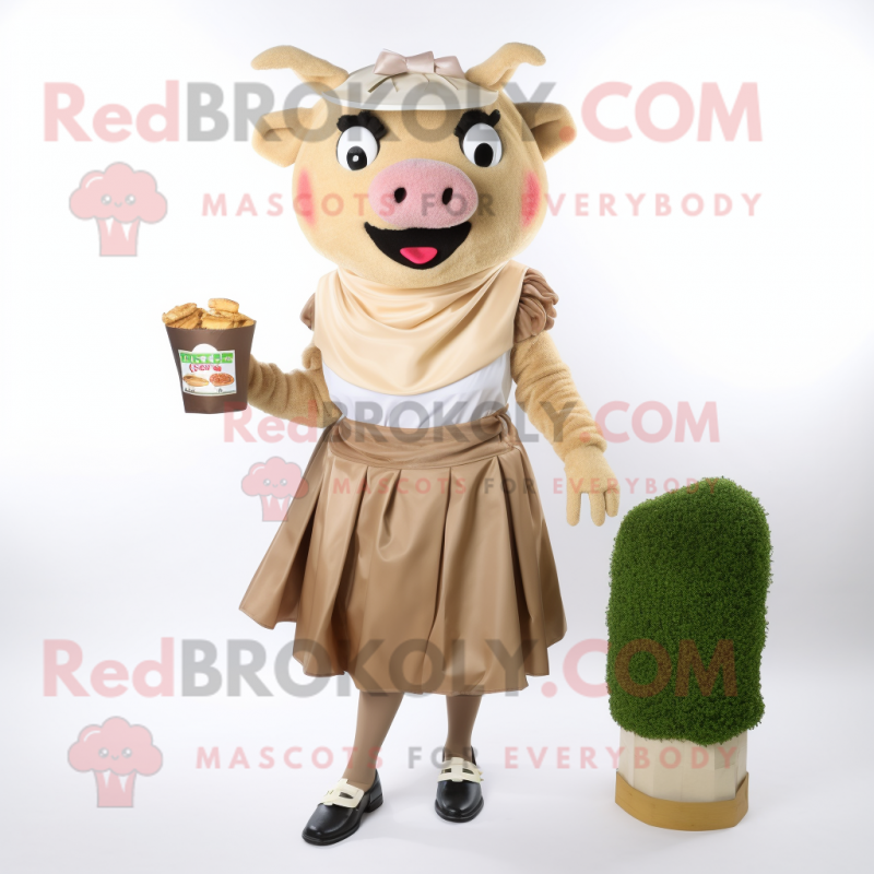 Tan Steak mascot costume character dressed with a Skirt and Bracelets Tan Steak mascot costume character dressed with a Skirt and Bracelets