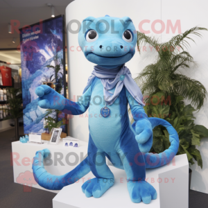 Sky Blue Hydra mascot costume character dressed with a Oxford Shirt and Bracelets