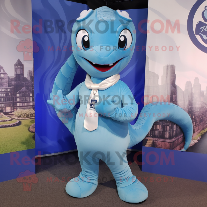 Sky Blue Hydra mascot costume character dressed with a Oxford Shirt and Bracelets