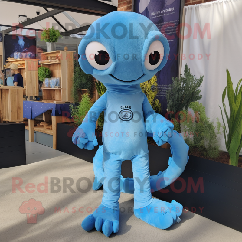 Sky Blue Hydra mascot costume character dressed with a Oxford Shirt and Bracelets