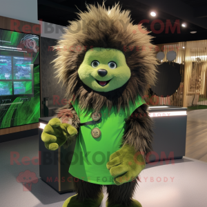 Olive Porcupine mascot costume character dressed with a Bodysuit and Bracelet watches