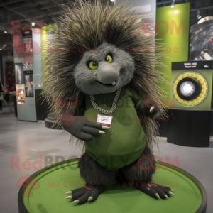 Olive Porcupine mascot costume character dressed with a Bodysuit and Bracelet watches