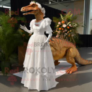 Rust Spinosaurus mascot costume character dressed with a Wedding Dress and Shoe clips