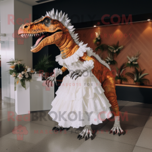 Rust Spinosaurus mascot costume character dressed with a Wedding Dress and Shoe clips