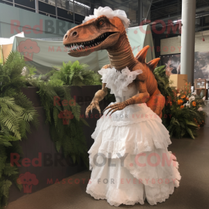 Rust Spinosaurus mascot costume character dressed with a Wedding Dress and Shoe clips