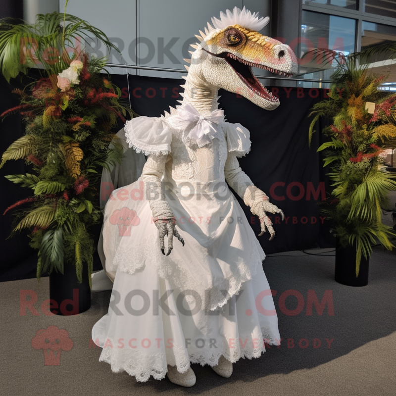 Rust Spinosaurus mascot costume character dressed with a Wedding Dress and Shoe clips